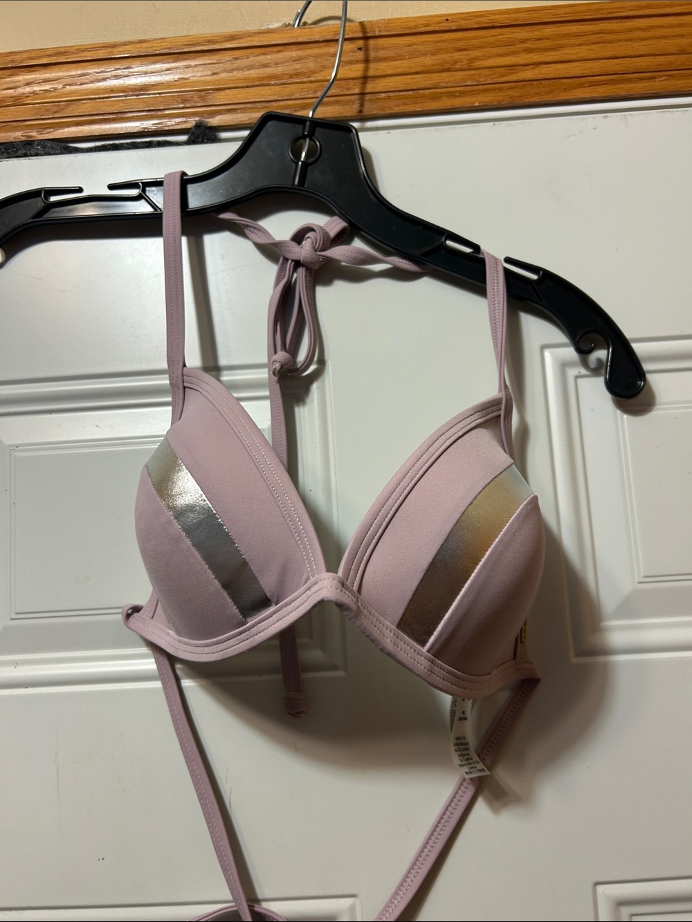 Victoria’s Secret Women's Light Mauve Padded Bikini Top with Metallic Accents M